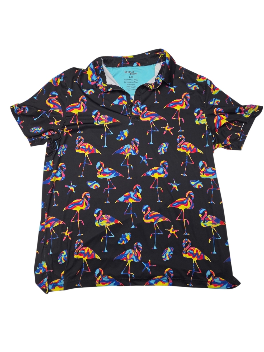 Birdie Bound Black Polo with Multicolor Flamingo Print
